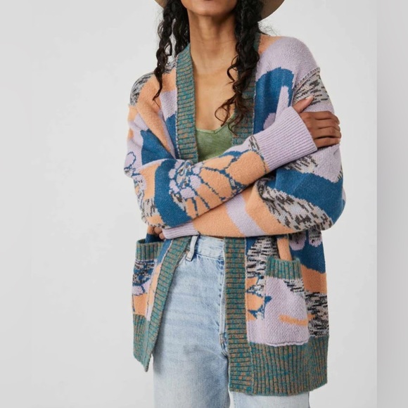 Free People Sweaters - FREE PEOPLE GRAPHIC ABSTRACT AUGUST CARDIGAN - ORCHID TEAL